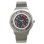 Vintage Tattoos Colorful Seamless Pattern Stainless Steel Watch