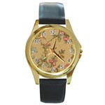 Flowers, Branches, Desenho, Edge, Leaves Round Gold Metal Watch