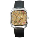 Flowers, Branches, Desenho, Edge, Leaves Square Metal Watch