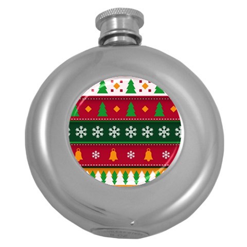 Christmas Time Pattern Christmas Ornament Round Hip Flask (5 oz) from ArtsNow.com Front