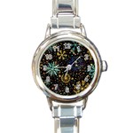 Gold Teal Snowflakes Gold Abstract Christmas Round Italian Charm Watch