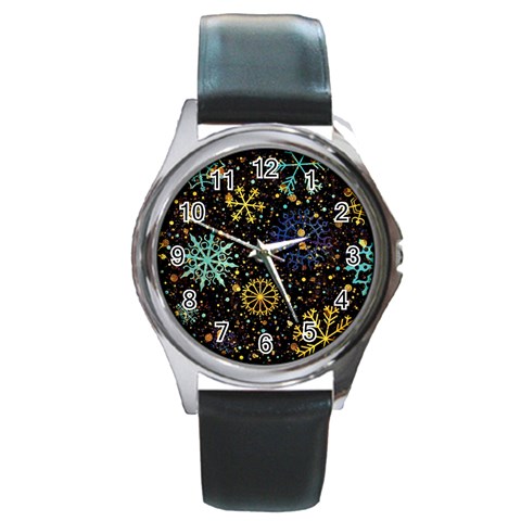 Gold Teal Snowflakes Gold Abstract Christmas Round Metal Watch from ArtsNow.com Front