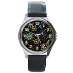 Gold Teal Snowflakes Gold Abstract Christmas Round Metal Watch