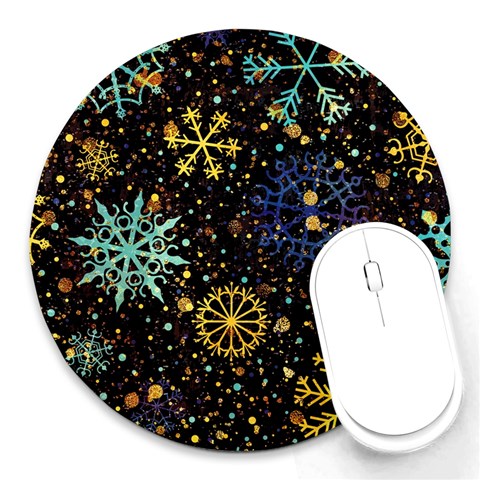 Gold Teal Snowflakes Gold Abstract Christmas Round Mousepad from ArtsNow.com Front