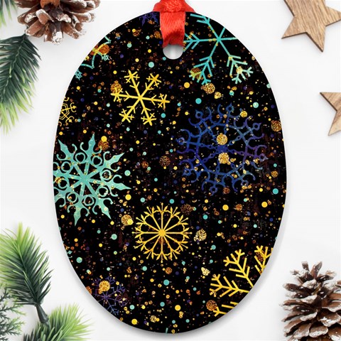 Gold Teal Snowflakes Gold Abstract Christmas Ornament (Oval) from ArtsNow.com Front