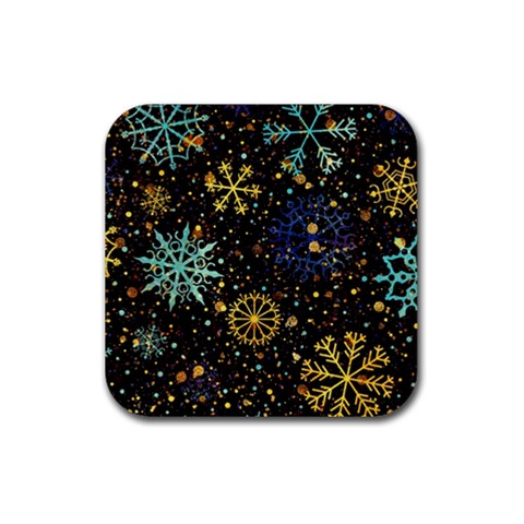 Gold Teal Snowflakes Gold Abstract Christmas Rubber Coaster (Square) from ArtsNow.com Front