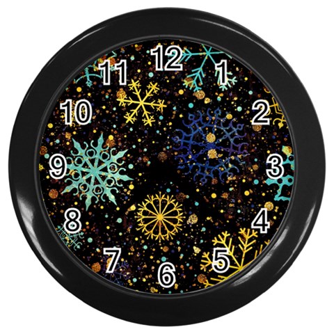 Gold Teal Snowflakes Gold Abstract Christmas Wall Clock (Black) from ArtsNow.com Front