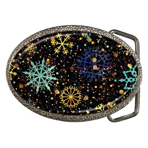 Gold Teal Snowflakes Gold Abstract Christmas Belt Buckles from ArtsNow.com Front