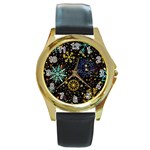 Gold Teal Snowflakes Gold Abstract Christmas Round Gold Metal Watch