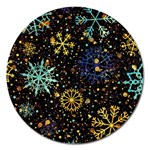 Gold Teal Snowflakes Gold Abstract Christmas Magnet 5  (Round)