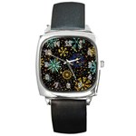 Gold Teal Snowflakes Gold Abstract Christmas Square Metal Watch