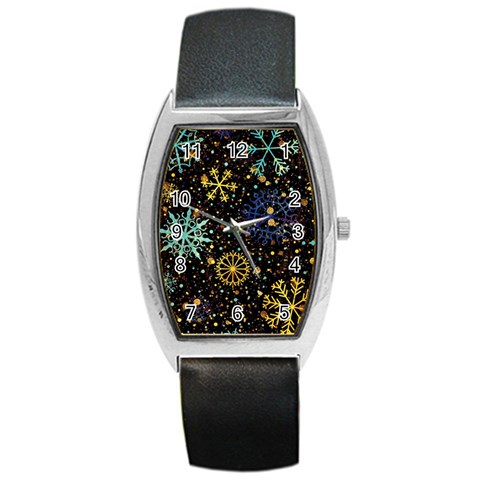 Gold Teal Snowflakes Gold Abstract Christmas Barrel Style Metal Watch from ArtsNow.com Front