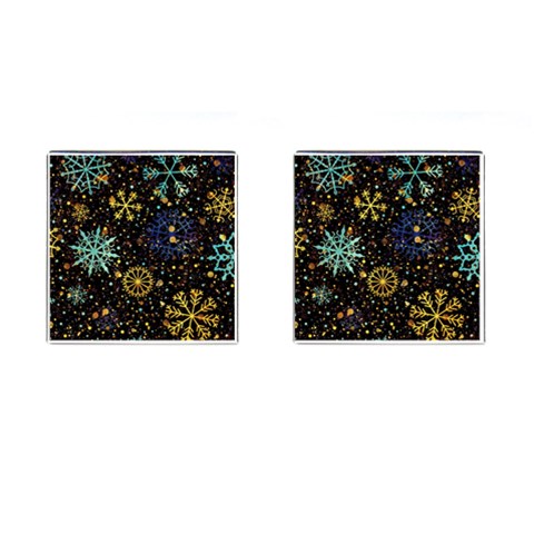 Gold Teal Snowflakes Gold Abstract Christmas Cufflinks (Square) from ArtsNow.com Front(Pair)