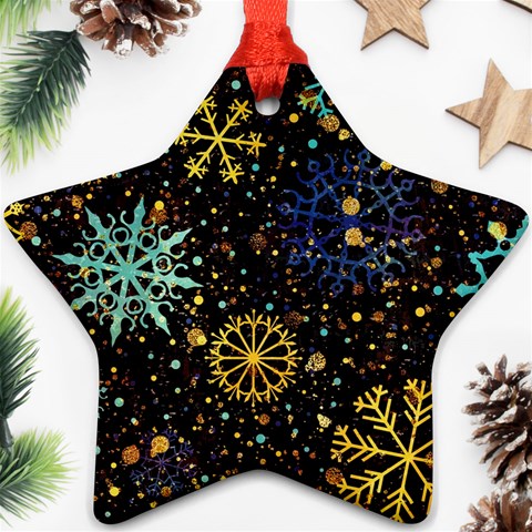 Gold Teal Snowflakes Gold Abstract Christmas Star Ornament (Two Sides) from ArtsNow.com Front