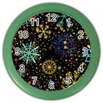 Gold Teal Snowflakes Gold Abstract Christmas Color Wall Clock