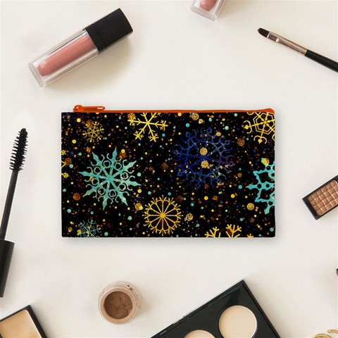 Gold Teal Snowflakes Gold Abstract Christmas Cosmetic Bag (Small) from ArtsNow.com Front