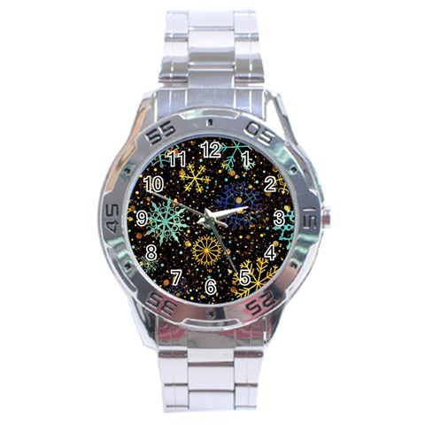 Gold Teal Snowflakes Gold Abstract Christmas Stainless Steel Analogue Watch from ArtsNow.com Front