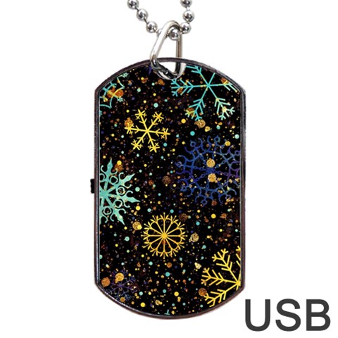 Gold Teal Snowflakes Gold Abstract Christmas Dog Tag USB Flash (One Side) from ArtsNow.com Front