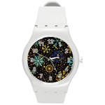 Gold Teal Snowflakes Gold Abstract Christmas Round Plastic Sport Watch (M)