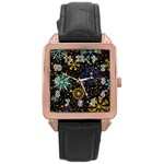 Gold Teal Snowflakes Gold Abstract Christmas Rose Gold Leather Watch 