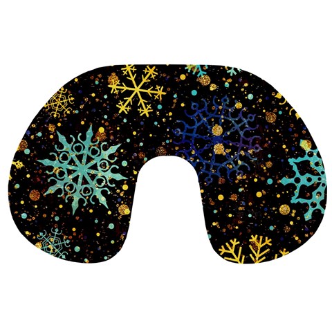 Gold Teal Snowflakes Gold Abstract Christmas Travel Neck Pillow from ArtsNow.com Front