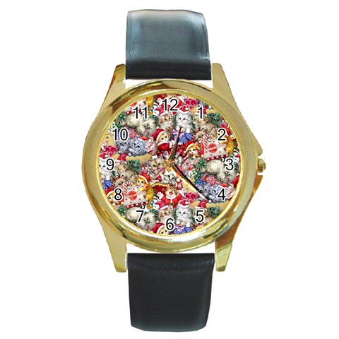 Pattern Kitten Christmas Round Gold Metal Watch from ArtsNow.com Front