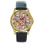 Pattern Kitten Christmas Round Gold Metal Watch