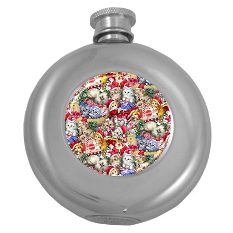 Pattern Kitten Christmas Round Hip Flask (5 oz) from ArtsNow.com Front