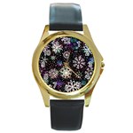 Shiny Winter Snowflake Abstract Christmas Cold Crystal December Round Gold Metal Watch