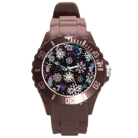 Shiny Winter Snowflake Abstract Christmas Cold Crystal December Round Plastic Sport Watch (L) from ArtsNow.com Front