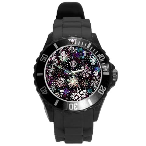 Shiny Winter Snowflake Abstract Christmas Cold Crystal December Round Plastic Sport Watch (L) from ArtsNow.com Front