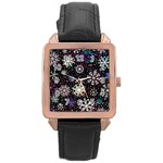 Shiny Winter Snowflake Abstract Christmas Cold Crystal December Rose Gold Leather Watch 