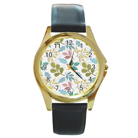 Leaf pattern  Round Gold Metal Watch from ArtsNow.com Front