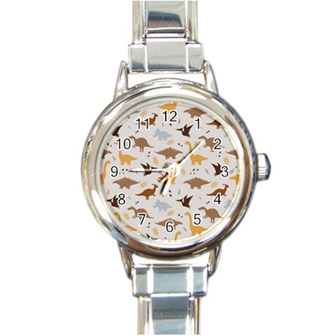 Seamless Dino Pattern Round Italian Charm Watch from ArtsNow.com Front