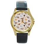 Seamless Dino Pattern Round Gold Metal Watch