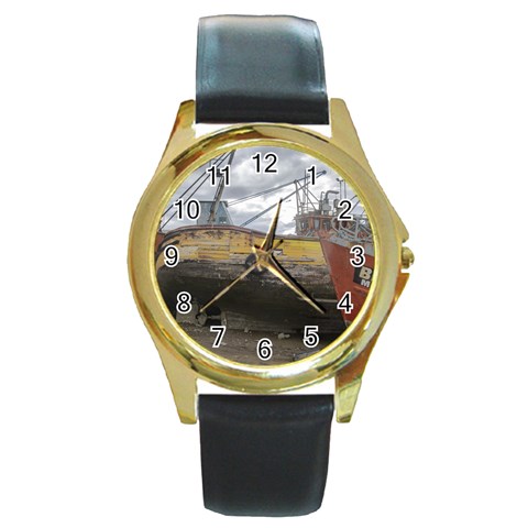 Maritime Memories, San Antonio Oeste, Rio Negro, Argentina Round Gold Metal Watch from ArtsNow.com Front