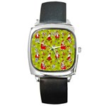 Background With Santa Claus, Christmas Decorations Square Metal Watch