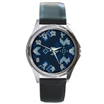 Blue Knitted Texture, Blue Christmas Background, Art Round Metal Watch