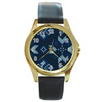 Blue Knitted Texture, Blue Christmas Background, Art Round Gold Metal Watch