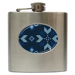 Blue Knitted Texture, Blue Christmas Background, Art Hip Flask (6 oz)