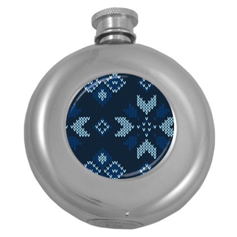 Blue Knitted Texture, Blue Christmas Background, Art Round Hip Flask (5 oz) from ArtsNow.com Front