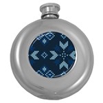 Blue Knitted Texture, Blue Christmas Background, Art Round Hip Flask (5 oz)