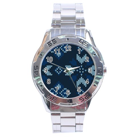 Blue Knitted Texture, Blue Christmas Background, Art Stainless Steel Analogue Watch from ArtsNow.com Front