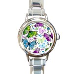 Butterflies, Abstract, Background, Colorful Round Italian Charm Watch