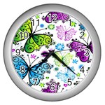 Butterflies, Abstract, Background, Colorful Wall Clock (Silver)