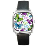 Butterflies, Abstract, Background, Colorful Square Metal Watch