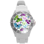 Butterflies, Abstract, Background, Colorful Round Plastic Sport Watch (L)