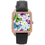 Butterflies, Abstract, Background, Colorful Rose Gold Leather Watch 