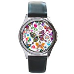 Butterflies, Abstract, Colorful, Floral, Flowers Round Metal Watch