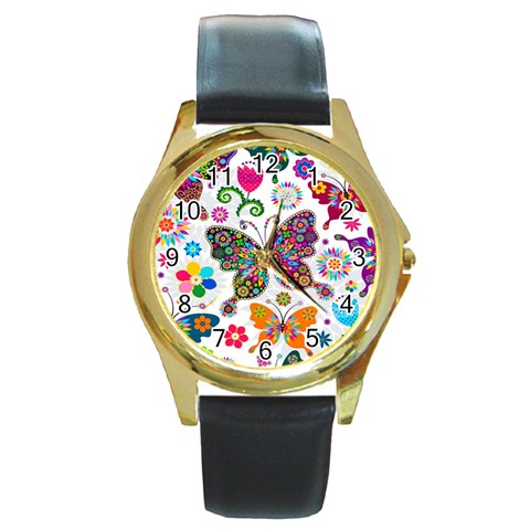 Butterflies, Abstract, Colorful, Floral, Flowers Round Gold Metal Watch from ArtsNow.com Front